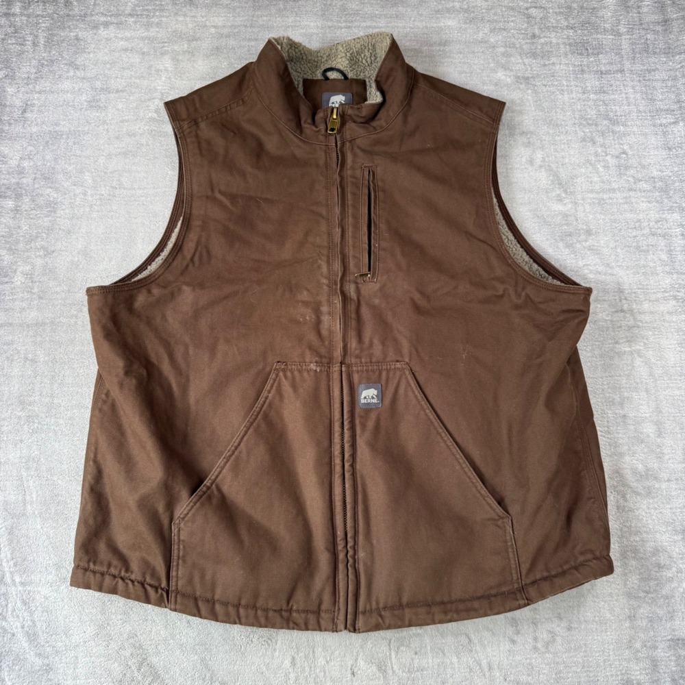Berne Vest Mens 2XL Brown Sherpa Lined Duck Canvas V818BB Rugged Workwear